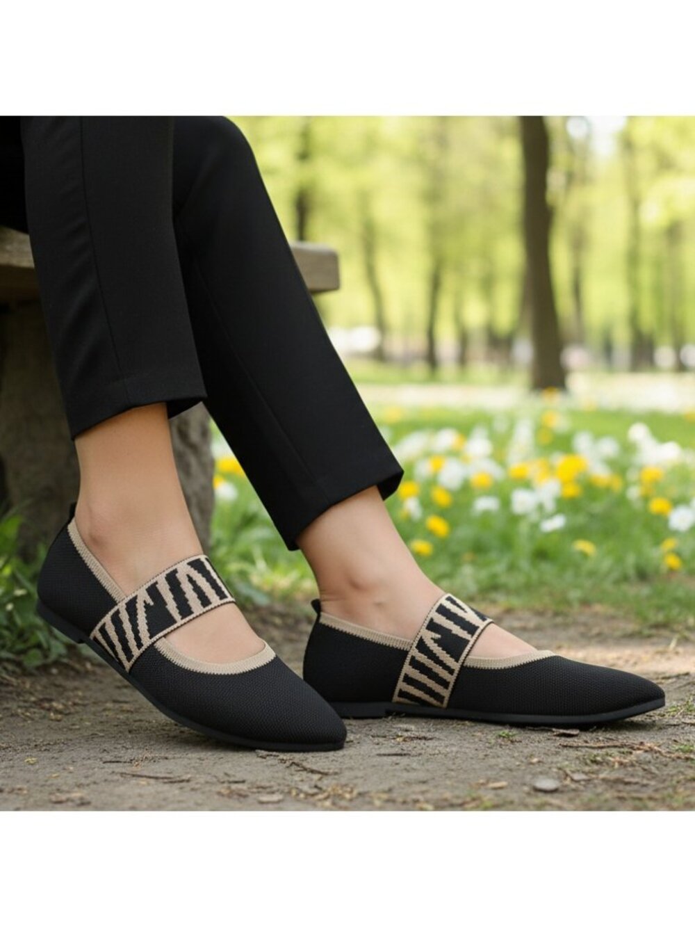 Contrasting Knit Pointed Toe Mary Jane Wide Strap Ballet Flats Slip-On Shoes
